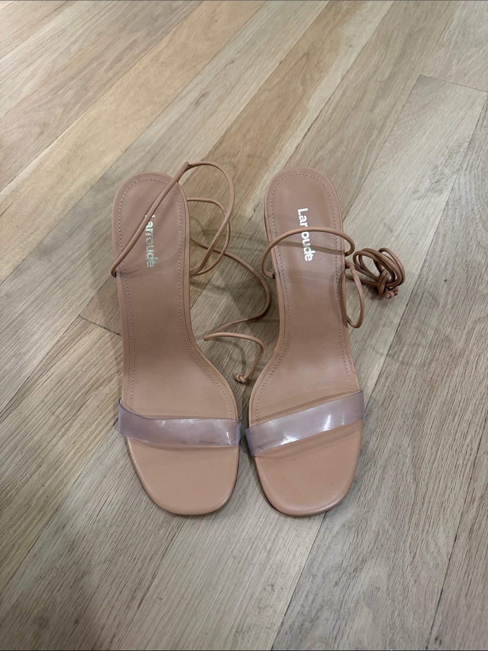 Larroude Nude Lace-Up Clear-Strap Heels